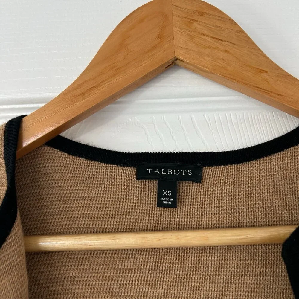 Talbots Merino Blend Colorblock Sweater Jacket Size XS Black Camel Open Front